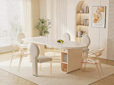 Modern Dining Table Set With White Top Acrylic And Upholstered Chairs 3d model