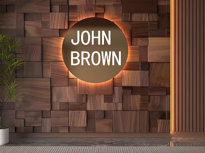Wooden Patchwork Background Wall With Circular Illuminated John Brown Sign And Potted Plant 3d model