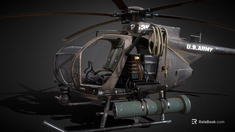 U.S. Army Military Helicopter With Detailed Interior Seats Ropes And Machine Gun 3d model 
