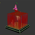 Transparent Cube Container With Red Fish Jumping Water Splashes And White Sand