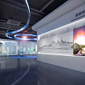 Futuristic Exhibition Hall With Blue Circular Decorations Central Display Platform Rocket Model And Digital Screens