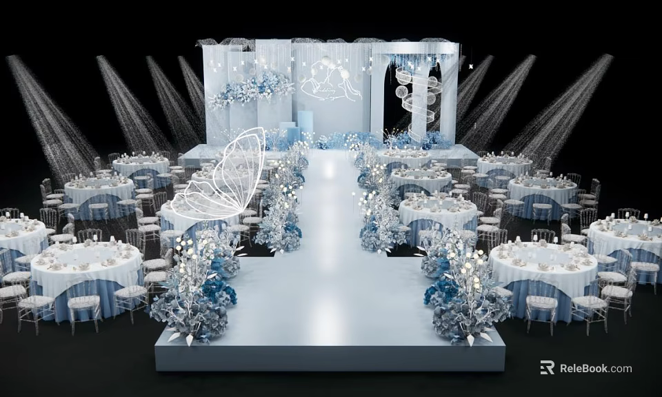 Elegant Wedding Banquet Hall With White Blue Decor Butterfly Elements Tables Chairs And Stage Lighting 3d model 