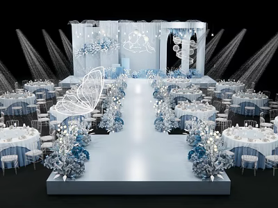 Elegant Wedding Banquet Hall With White Blue Decor Butterfly Elements Tables Chairs And Stage Lighting 3d model