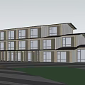 Modern Multi Story Guesthouse Building With Wooden Exterior Large Windows Lush Greenery And Lawn