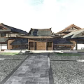 Traditional Commercial Street With Ancient Gabled Roofs Courtyard Layout And Stone Pathways