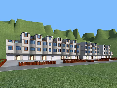 Modern Multi Story Residential Building With Green Hills Grass Lawn And Wooden Fence 3d model