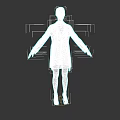 Woman In White Coat Standing With Arms Outstretched On Black Background