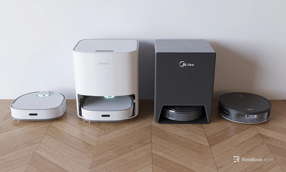 Smart White and Gray Robotic Vacuum Cleaners Mopping Robots with Charging Docks 3d model