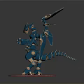 3D Model Mechanical Creature With Blue Armor And Winged Structure On Circular Base