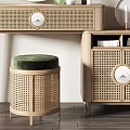 Natural Rattan Dressing Table With Round Mirror And Green Cushion Stool