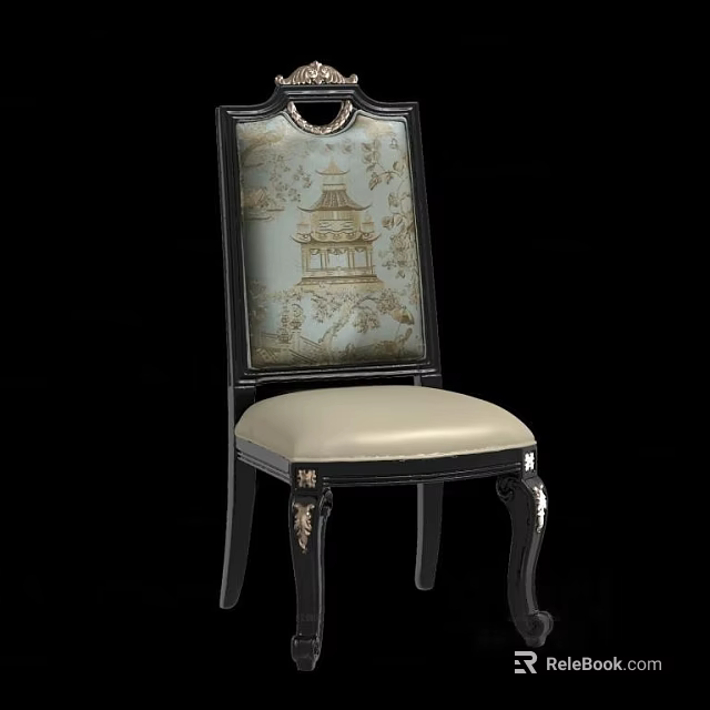 Elegant Chinese Dining Chair With Patterned Backrest And Carved Black Legs 3d model 