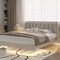 Beige Upholstered Double Bed with Pillows Blanket Nightstands Table Lamps Windows Blinds and Area Rug