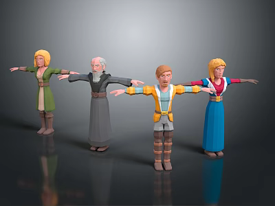 Cartoon Character Models With Four Different Outfits And Arms Outstretched Standing Pose 3d model