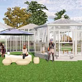 Garden Landscape Design With Glass Greenhouses Lawn Outdoor Seating And Umbrella