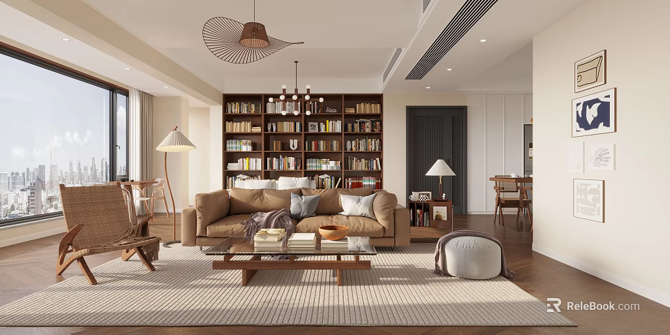 Stylish Living Dining Room Interior Design With Brown Sofa Bookshelf And Chandelier 3d model 