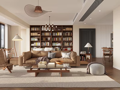 Stylish Living Dining Room Interior Design With Brown Sofa Bookshelf And Chandelier 3d model