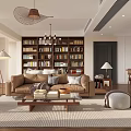 Stylish Living Dining Room Interior Design With Brown Sofa Bookshelf And Chandelier