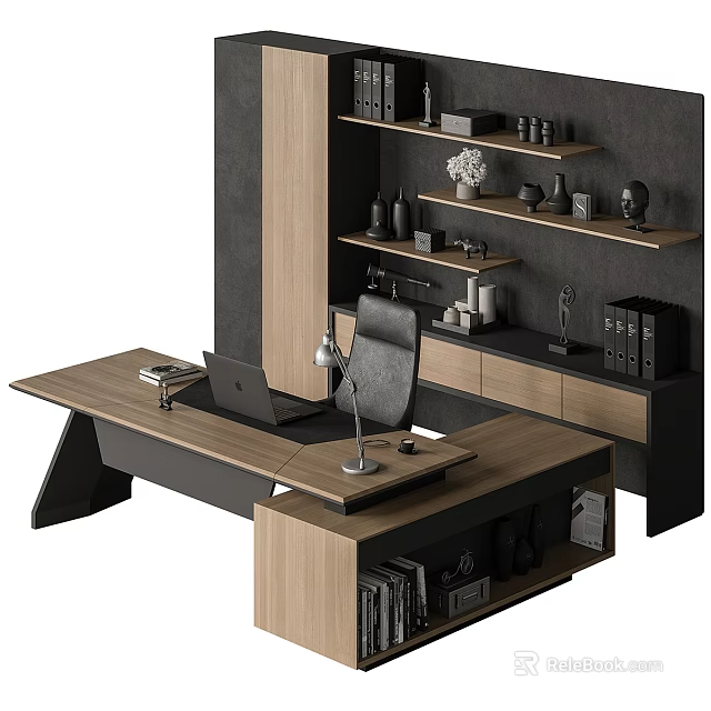 Modern Wooden Office Desk With Laptop Lamp Books And Wall Shelves 3d model 