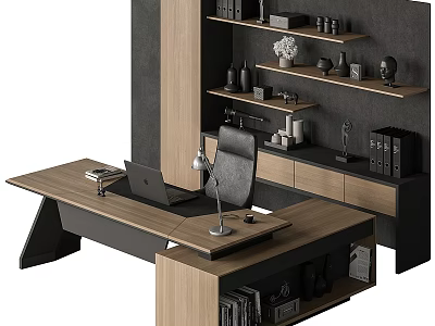 Modern Wooden Office Desk With Laptop Lamp Books And Wall Shelves 3d model
