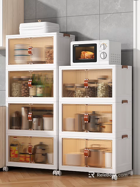 White Kitchen Storage Cabinets With Mesh Doors Storing Kitchenware Dishes Jars And Microwave 3d model 