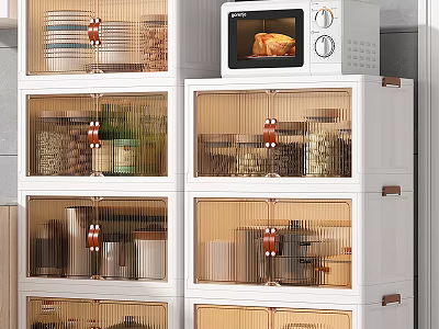 White Kitchen Storage Cabinets With Mesh Doors Storing Kitchenware Dishes Jars And Microwave 3d model
