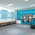 Fitness Room Interior With Blue Wall Faster Higher Stronger Slogan Display Screens And Treadmill