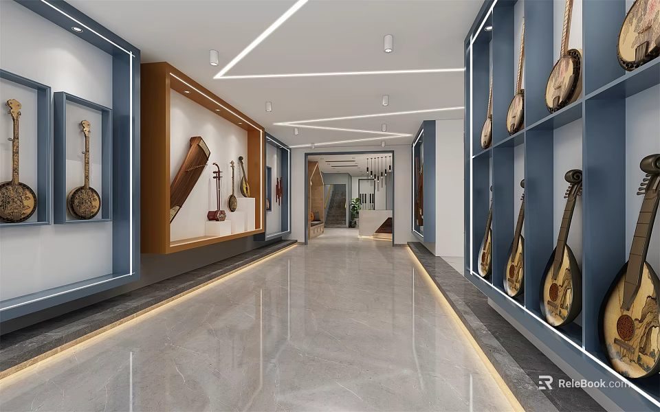 Modern Musical Instrument Store With Blue Shelves Displaying Traditional And Modern Instruments 3d model 