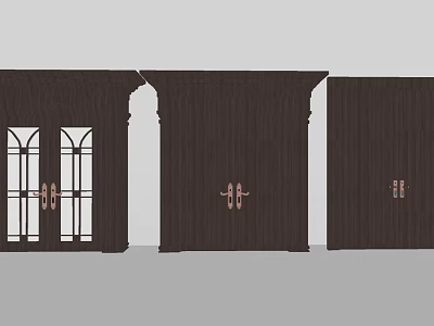 Classic Wooden Double Doors Featuring Glass Panels And Copper Handles Design 3d model