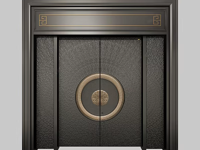 Traditional Chinese Style Black Textured Security Door With Circular Decoration And Metal Frame 3d model