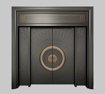 Traditional Chinese Style Black Textured Security Door With Circular Decoration And Metal Frame 3d model