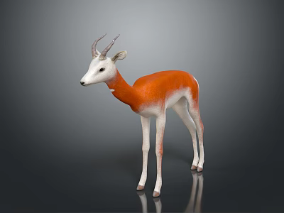 3D Orange and White Antelope Figure in Standing Stance on Dark Reflective Ground 3d model