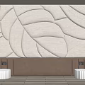 Light Gray Leaf Shaped Embossed Feature Wall With Brown Paneling And White Round Stools 3d model