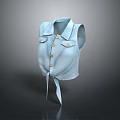 Light Blue Denim Vest with Collared Neckline Buttoned Front and Waist Tie Design