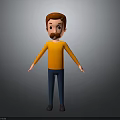 Cartoon Man Character With Brown Hair Mustache Orange Shirt Blue Pants Standing On Gray Background