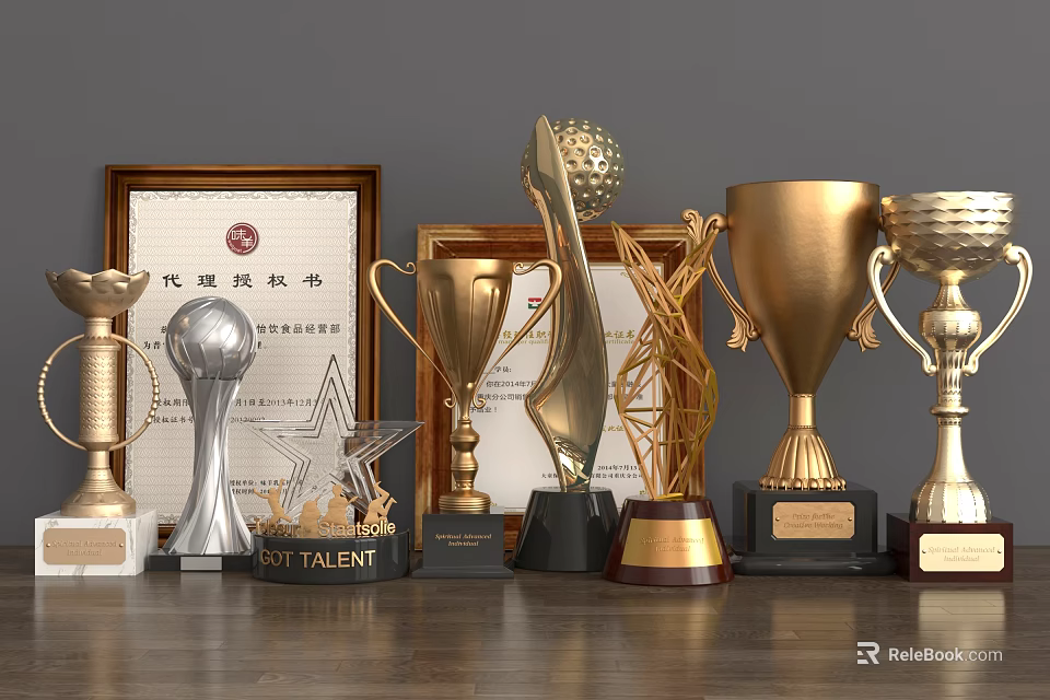 Different Trophies And Medals With Various Designs Gold Silver Metal Bases And Honor Certificates 3d model 
