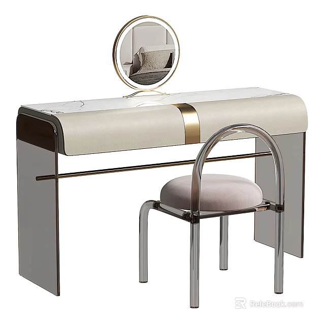 Modern Elegant Dressing Table With Round Mirror Gold Accents Acrylic Chair And Soft Cushion 3d model 