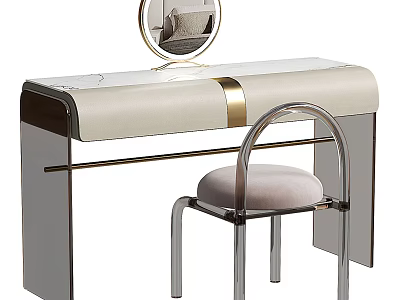 Modern Elegant Dressing Table With Round Mirror Gold Accents Acrylic Chair And Soft Cushion 3d model