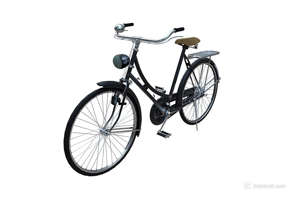 Vintage Black Bicycle with Silver Handlebar Brown Seat Front Light and Rear Rack 3d model 
