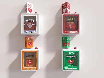 Medical Devices Wall Mounted AED Units In Different Colors For Emergency First Aid Rescue 3d model