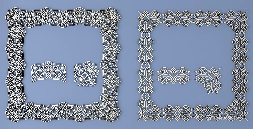 Intricate Golden Carved Decorative Borders and Ornamental Designs on Blue Background 3d model 