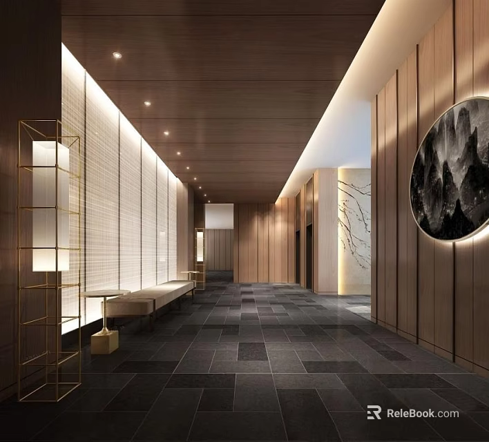 Modern Elevator Lobby With Wooden Walls Dark Floor Tiles And Decorative Lighting 3d model 