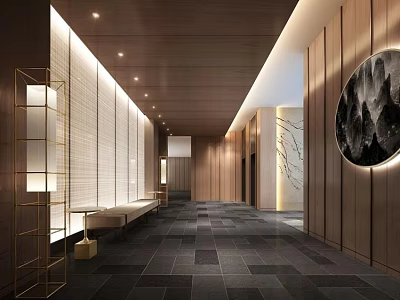 Modern Elevator Lobby With Wooden Walls Dark Floor Tiles And Decorative Lighting 3d model