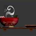 Dragon Patterned Red Bowl With Steaming Noodles And Dumplings On Tray