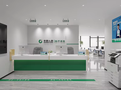 Modern Service Hall Interior With Green Reception Counter Computers Printers And Guidance Lines 3d model