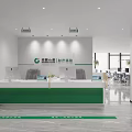 Modern Service Hall Interior With Green Reception Counter Computers Printers And Guidance Lines