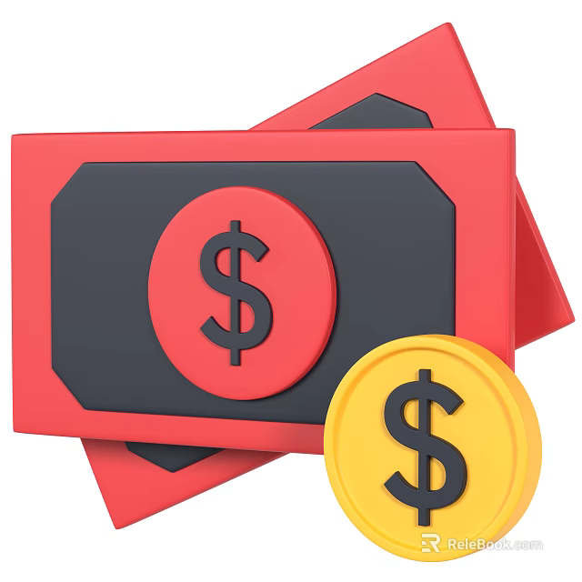 Decorative Ornament Set with Red Banknotes Yellow Coins and Dollar Signs 3d model 