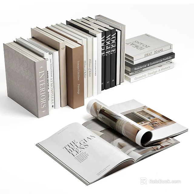Books and Magazines Display With Stacked Books Various Colored Covers And Open Lifestyle Magazine 3d model 