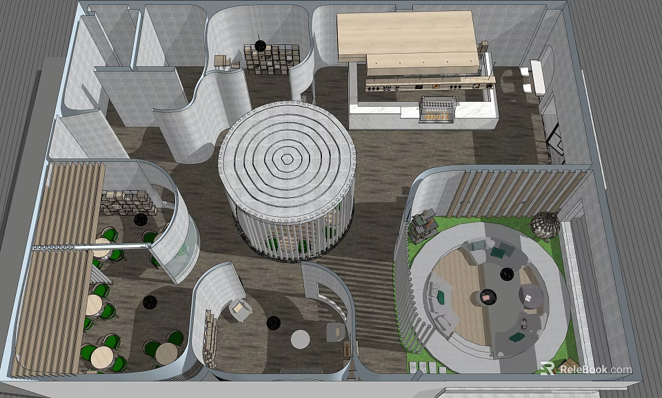 Modern Café Interior Design With Circular Seating Bar Counter And Wooden Flooring 3d model 