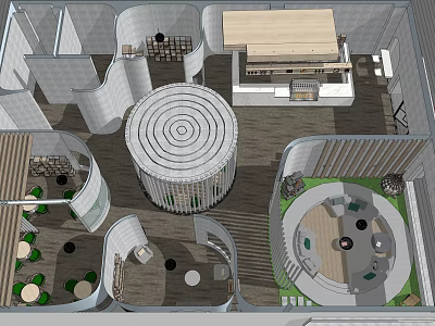 Modern Café Interior Design With Circular Seating Bar Counter And Wooden Flooring 3d model