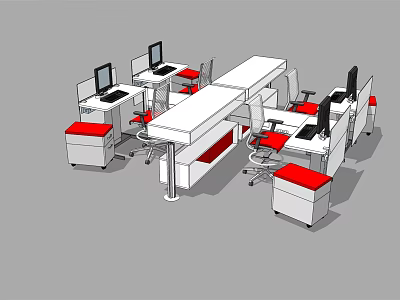 Modern Office Desk Setup With Multiple Workstations Computer Monitors And Red White Chairs 3d model
